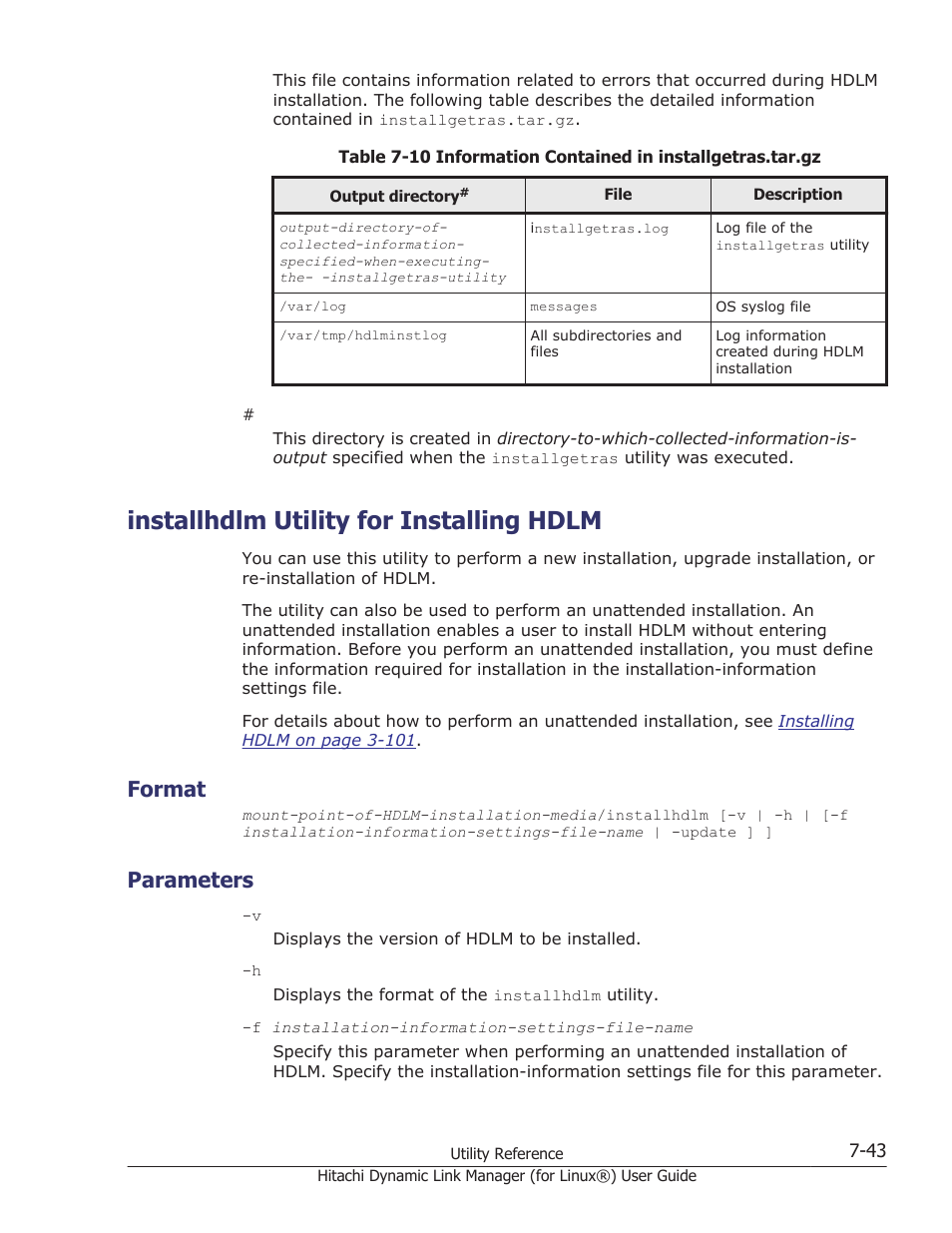 Installhdlm utility for installing hdlm, Format, Parameters | Installhdlm utility for installing hdlm -43, Format -43, Parameters -43, For details about | HP Hitachi Dynamic Link Manager Software Licenses User Manual | Page 503 / 716