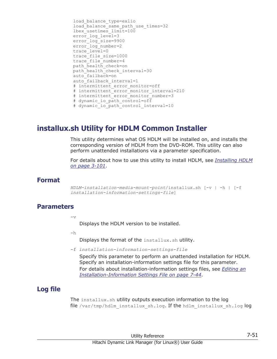 Installux.sh utility for hdlm common installer, Format, Parameters | Log file, Installux.sh utility for hdlm common installer -51, Format -51, Parameters -51, Log file -51 | HP Hitachi Dynamic Link Manager Software Licenses User Manual | Page 511 / 716