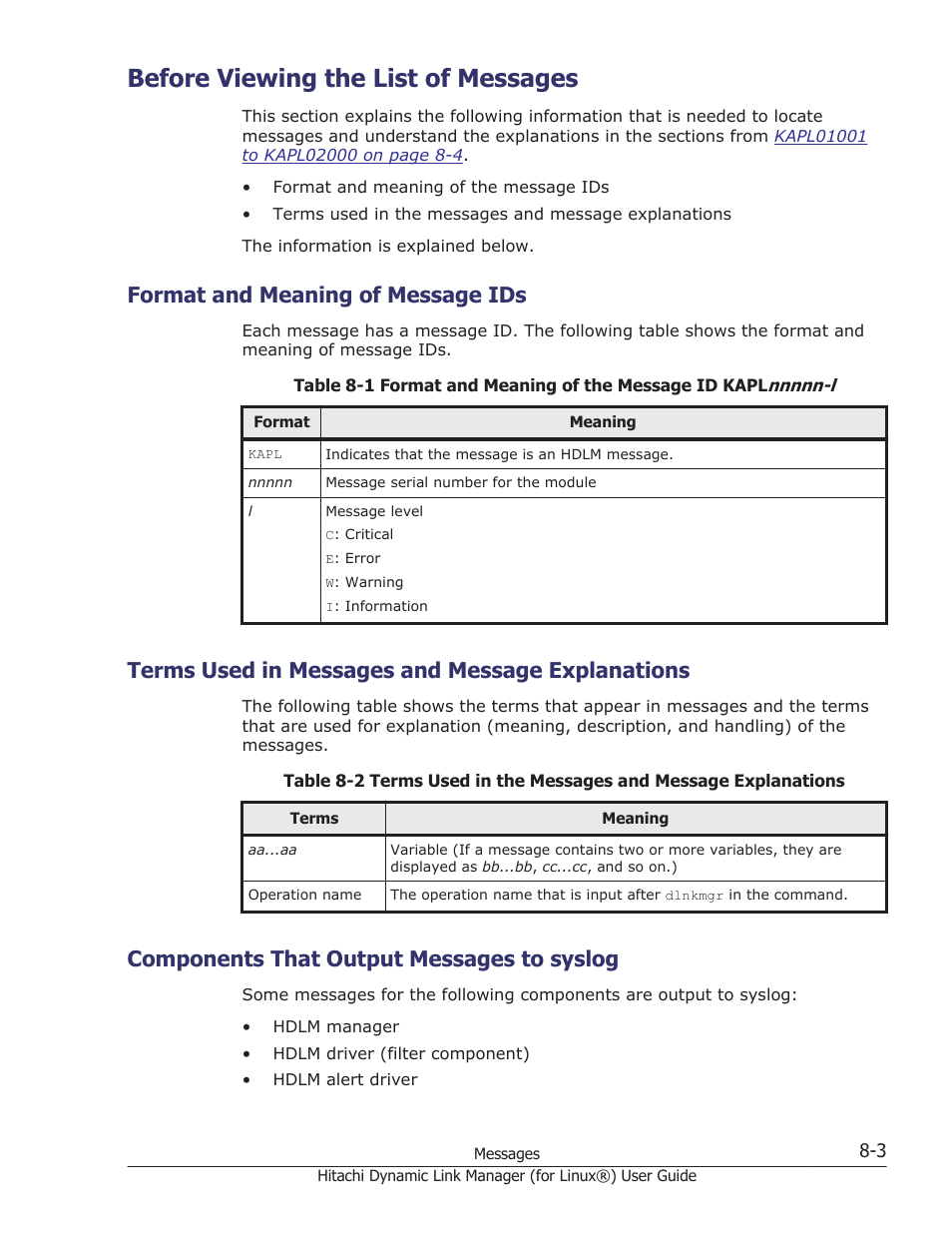 Before viewing the list of messages, Format and meaning of message ids, Terms used in messages and message explanations | Components that output messages to syslog, Before viewing the list of messages -3, Format and meaning of message ids -3, Terms used in messages and message explanations -3, Components that output messages to syslog -3, For details on the level of the message, see, Format and meaning of message | HP Hitachi Dynamic Link Manager Software Licenses User Manual | Page 515 / 716