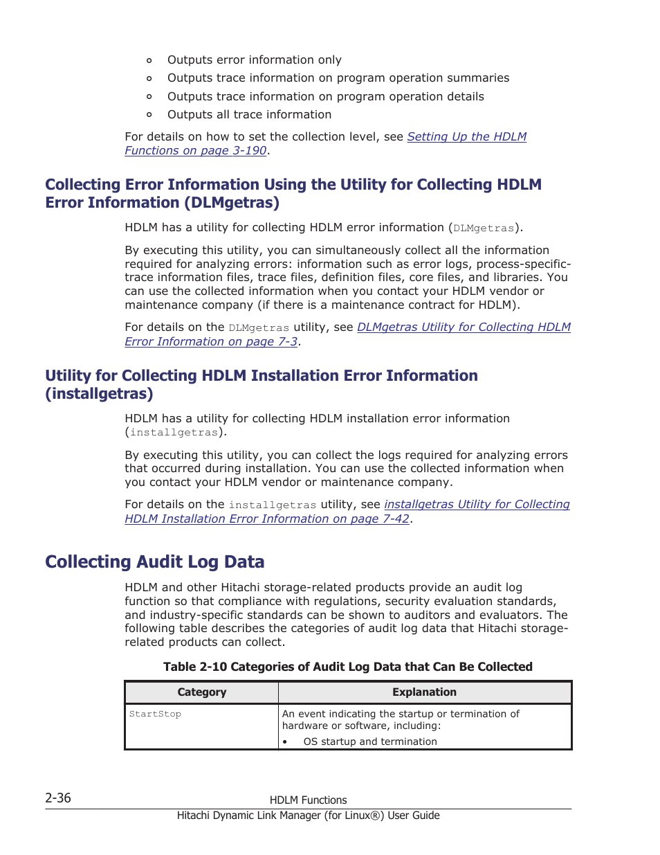 Collecting audit log data, Dlmgetras) -36, Collecting audit log data -36 | HP Hitachi Dynamic Link Manager Software Licenses User Manual | Page 60 / 716