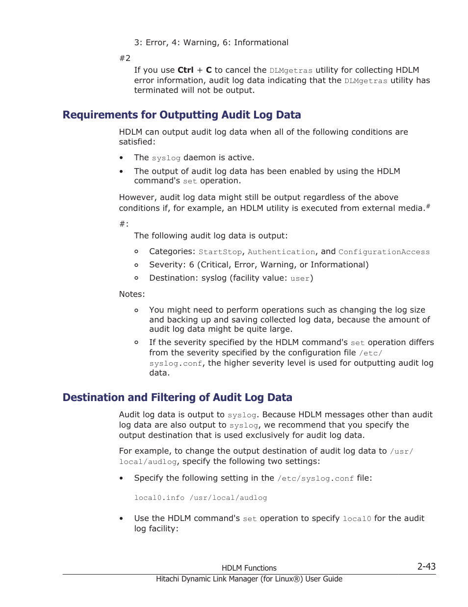 Requirements for outputting audit log data, Destination and filtering of audit log data, Requirements for outputting audit log data -43 | Destination and filtering of audit log data -43 | HP Hitachi Dynamic Link Manager Software Licenses User Manual | Page 67 / 716