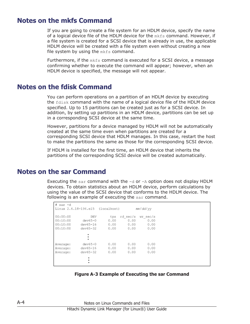 Notes on the mkfs command, Notes on the fdisk command, Notes on the sar command | HP Hitachi Dynamic Link Manager Software Licenses User Manual | Page 676 / 716