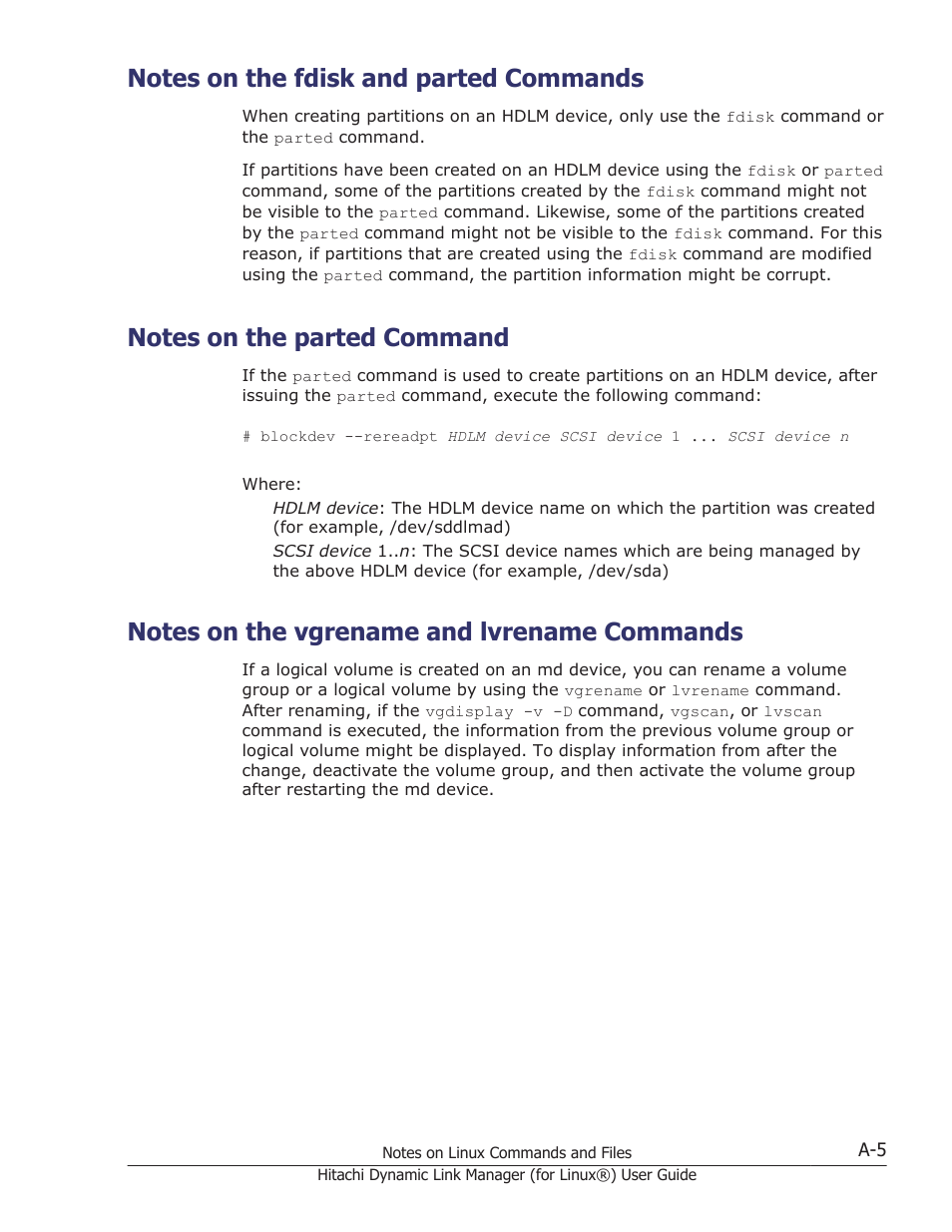 Notes on the fdisk and parted commands, Notes on the parted command, Notes on the vgrename and lvrename commands | HP Hitachi Dynamic Link Manager Software Licenses User Manual | Page 677 / 716