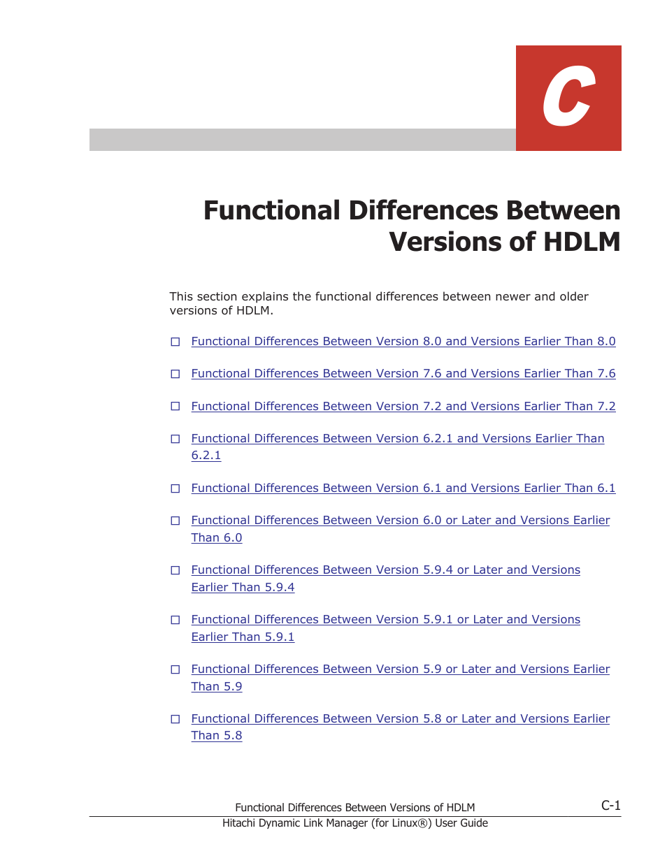 Functional differences between versions of hdlm, Appendix c, functional differences, Between versions of hdlm on | HP Hitachi Dynamic Link Manager Software Licenses User Manual | Page 685 / 716