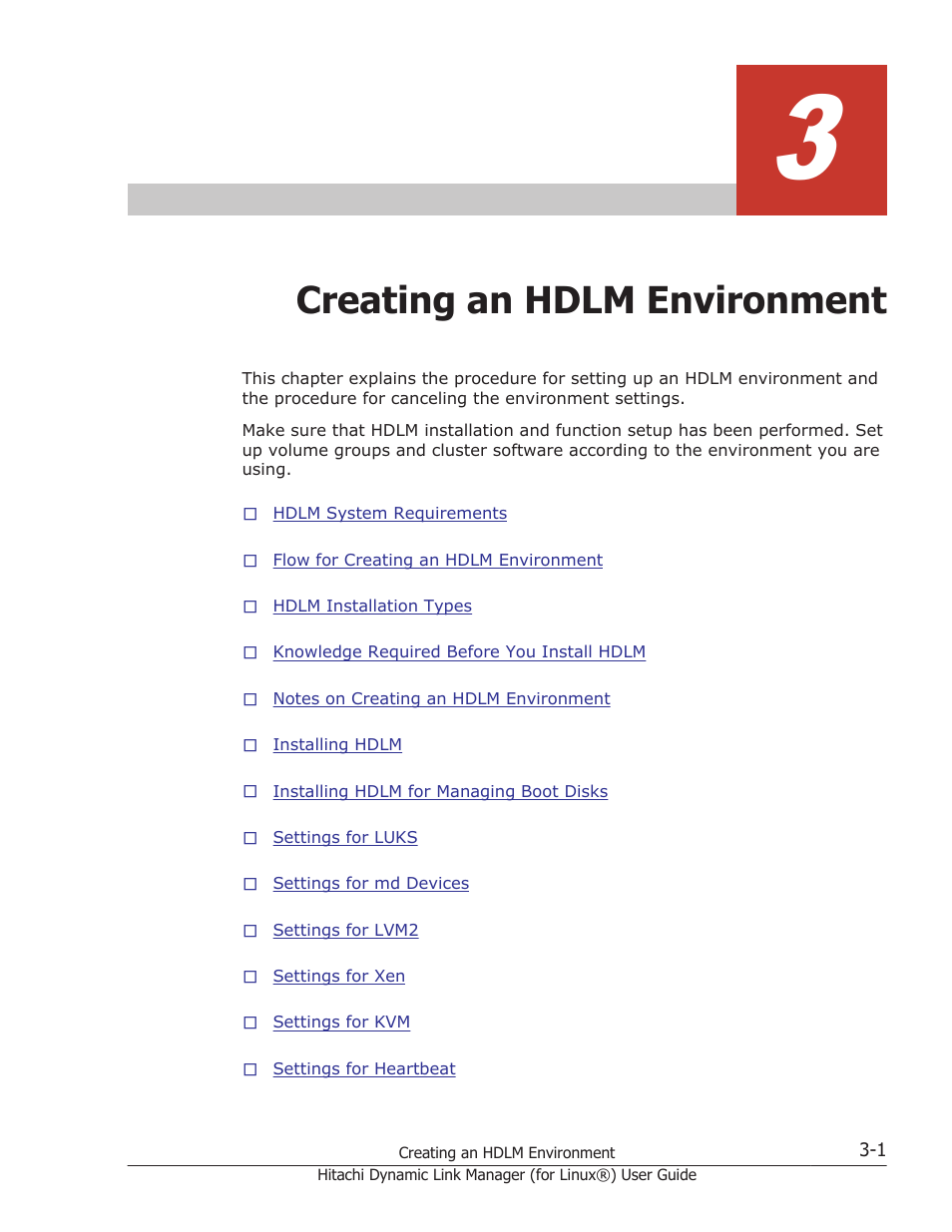 Creating an hdlm environment, 3 creating an hdlm environment -1, Chapter 3, creating an hdlm | HP Hitachi Dynamic Link Manager Software Licenses User Manual | Page 73 / 716