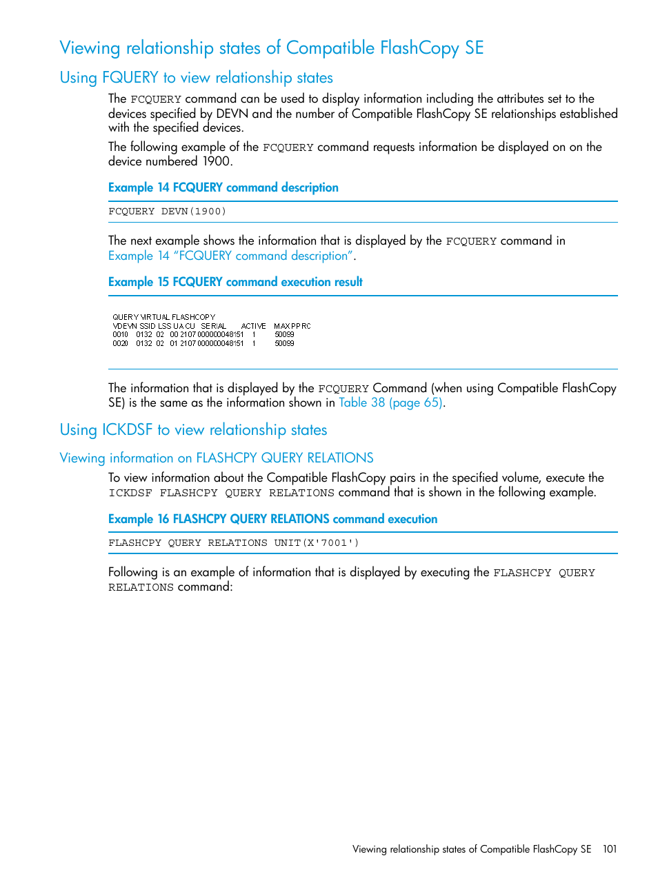 Using fquery to view relationship states, Using ickdsf to view relationship states, Viewing information on flashcpy query relations | HP XP P9500 Storage User Manual | Page 101 / 146
