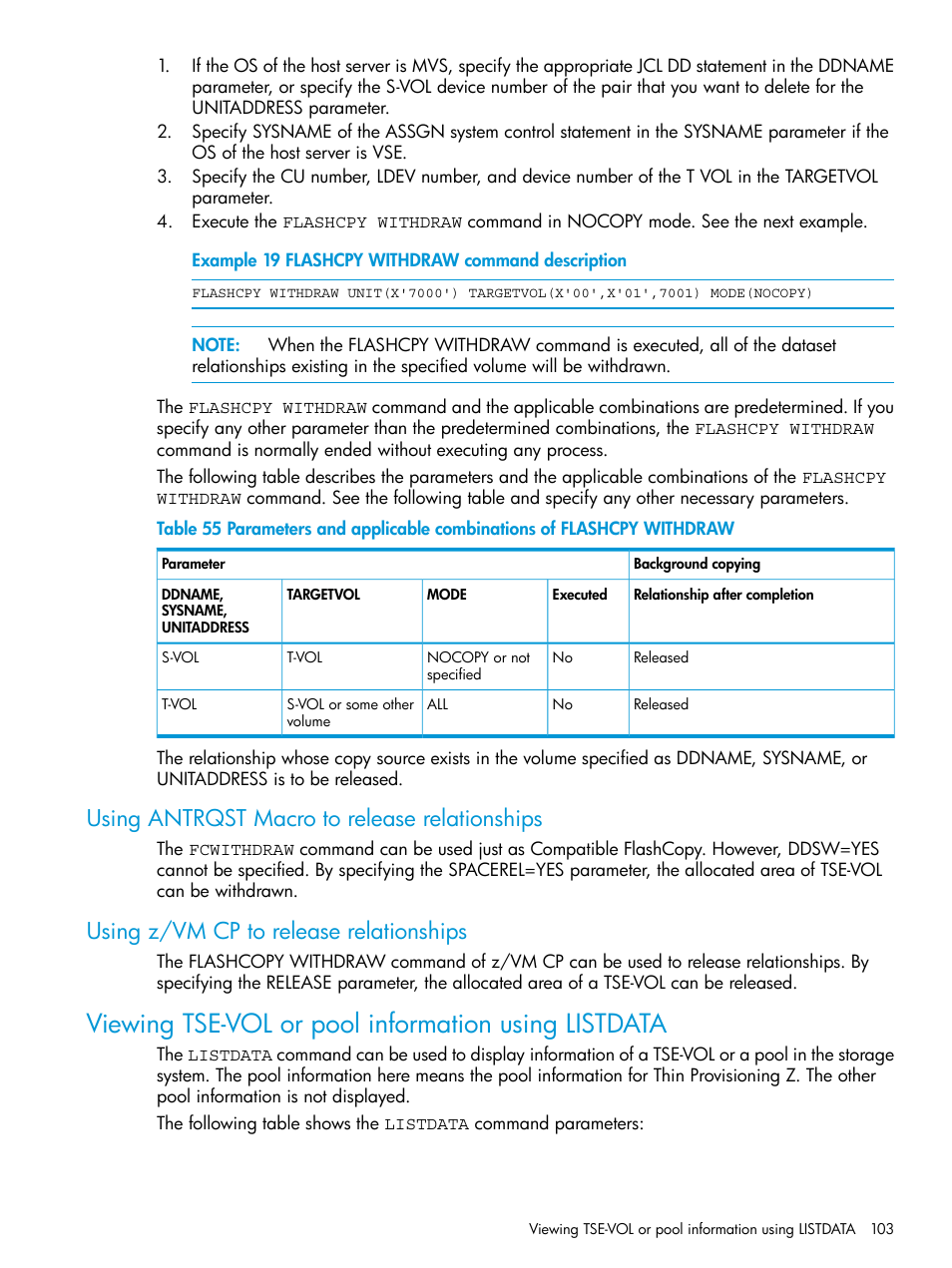Using antrqst macro to release relationships, Using z/vm cp to release relationships, Viewing tse-vol or pool information using listdata | HP XP P9500 Storage User Manual | Page 103 / 146