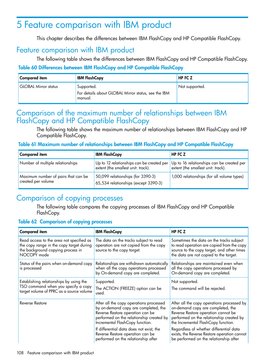5 feature comparison with ibm product, Feature comparison with ibm product, Comparison of copying processes | HP XP P9500 Storage User Manual | Page 108 / 146