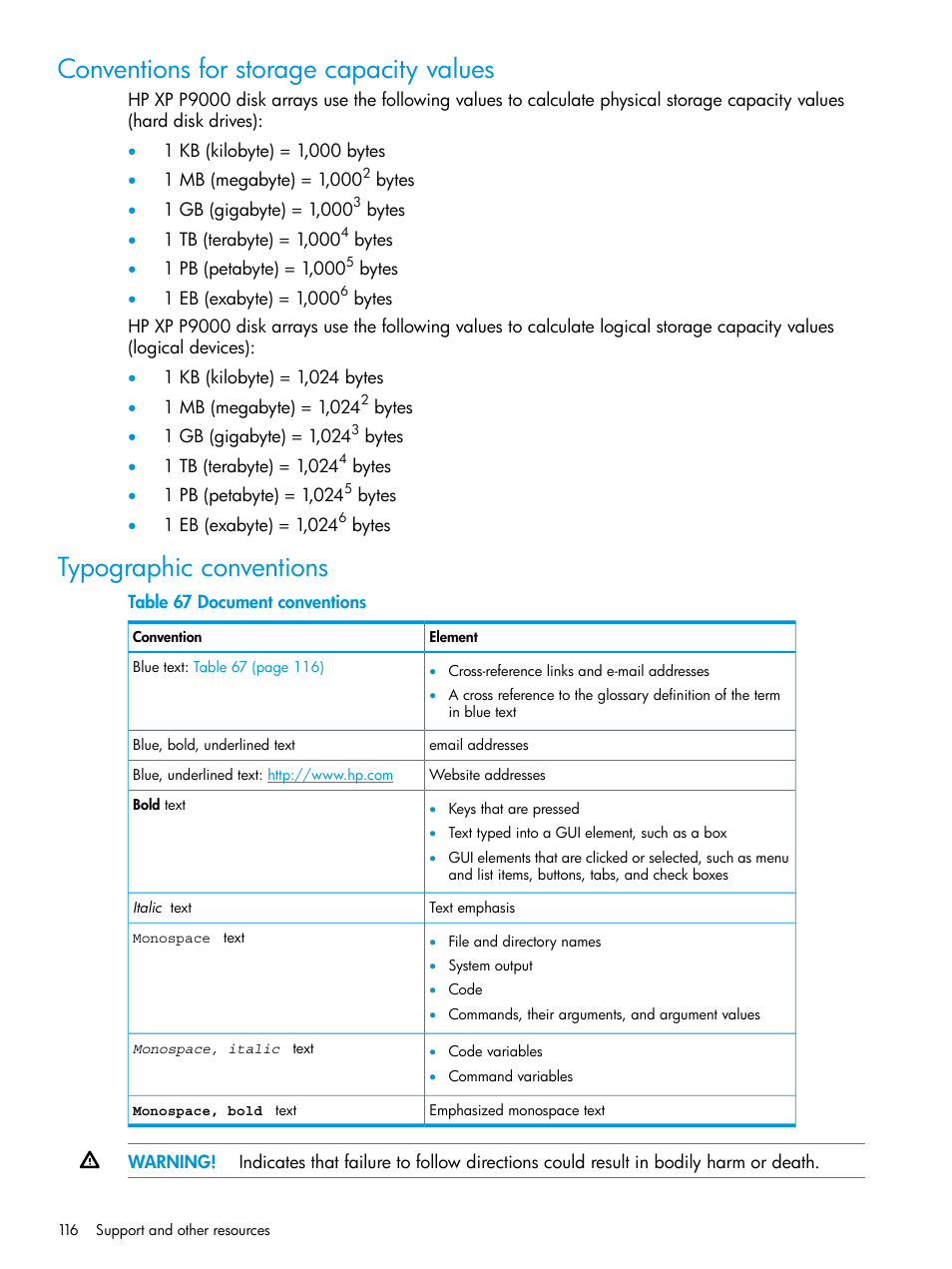 Conventions for storage capacity values, Typographic conventions | HP XP P9500 Storage User Manual | Page 116 / 146