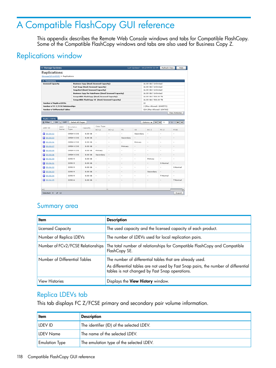 A compatible flashcopy gui reference, Replications window, Summary area | Replica ldevs tab | HP XP P9500 Storage User Manual | Page 118 / 146
