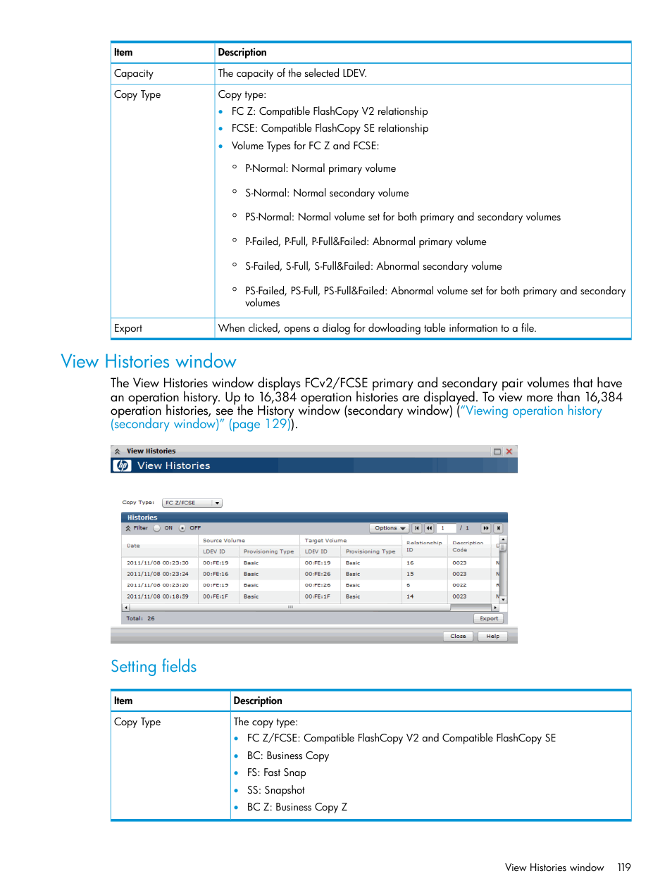 View histories window, Setting fields | HP XP P9500 Storage User Manual | Page 119 / 146