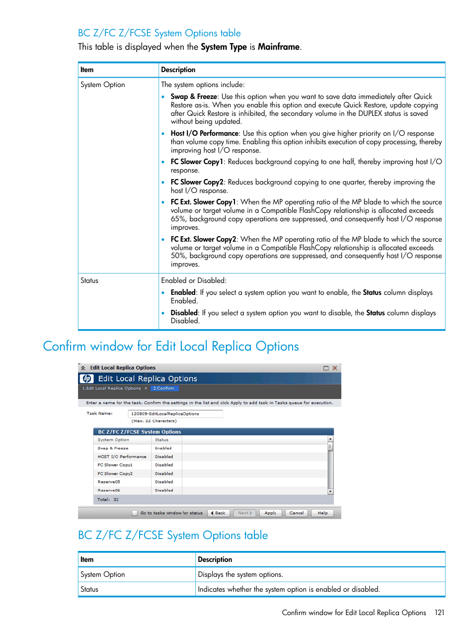 Confirm window for edit local replica options, Bc z/fc z/fcse system options table | HP XP P9500 Storage User Manual | Page 121 / 146