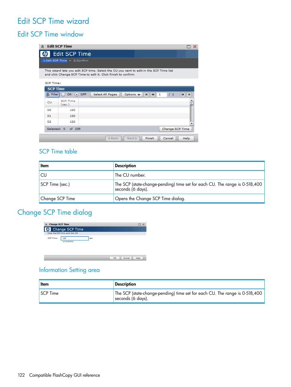 Edit scp time wizard, Edit scp time window, Change scp time dialog | Edit scp time window change scp time dialog | HP XP P9500 Storage User Manual | Page 122 / 146