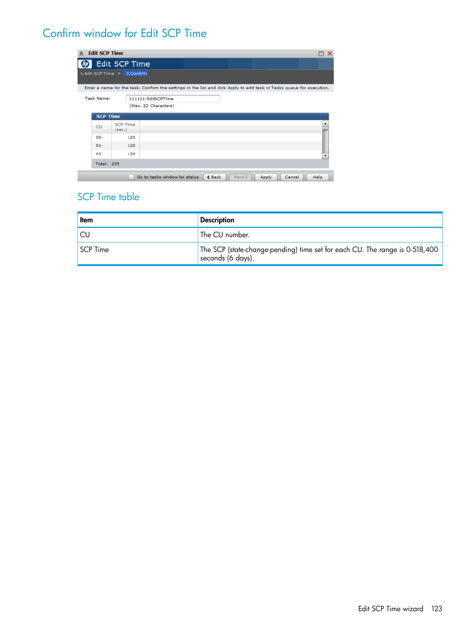 Confirm window for edit scp time, Scp time table | HP XP P9500 Storage User Manual | Page 123 / 146