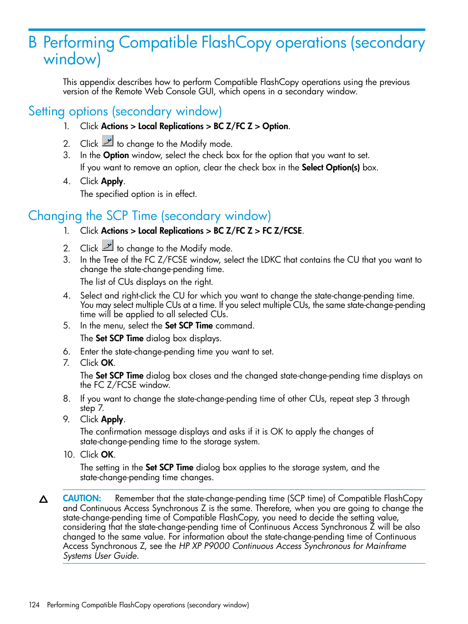 Setting options (secondary window), Changing the scp time (secondary window) | HP XP P9500 Storage User Manual | Page 124 / 146