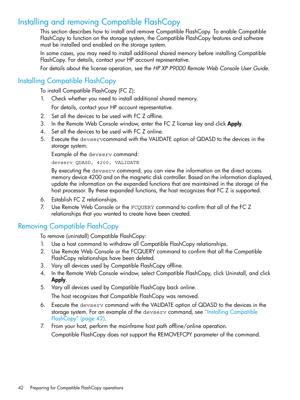 Installing and removing compatible flashcopy, Installing compatible flashcopy, Removing compatible flashcopy | HP XP P9500 Storage User Manual | Page 42 / 146