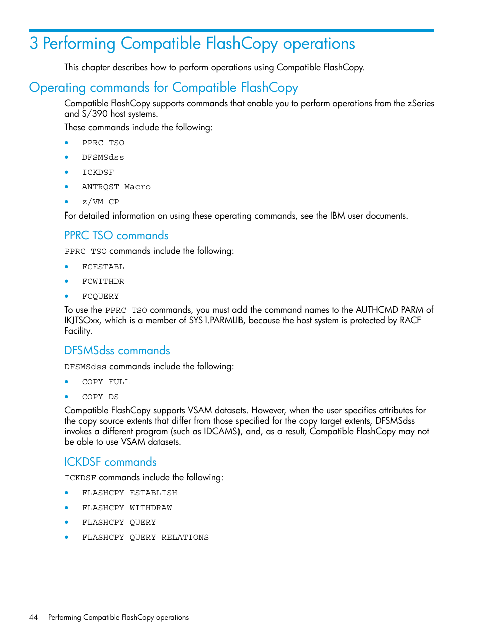 3 performing compatible flashcopy operations, Operating commands for compatible flashcopy, Pprc tso commands | Dfsmsdss commands, Ickdsf commands | HP XP P9500 Storage User Manual | Page 44 / 146