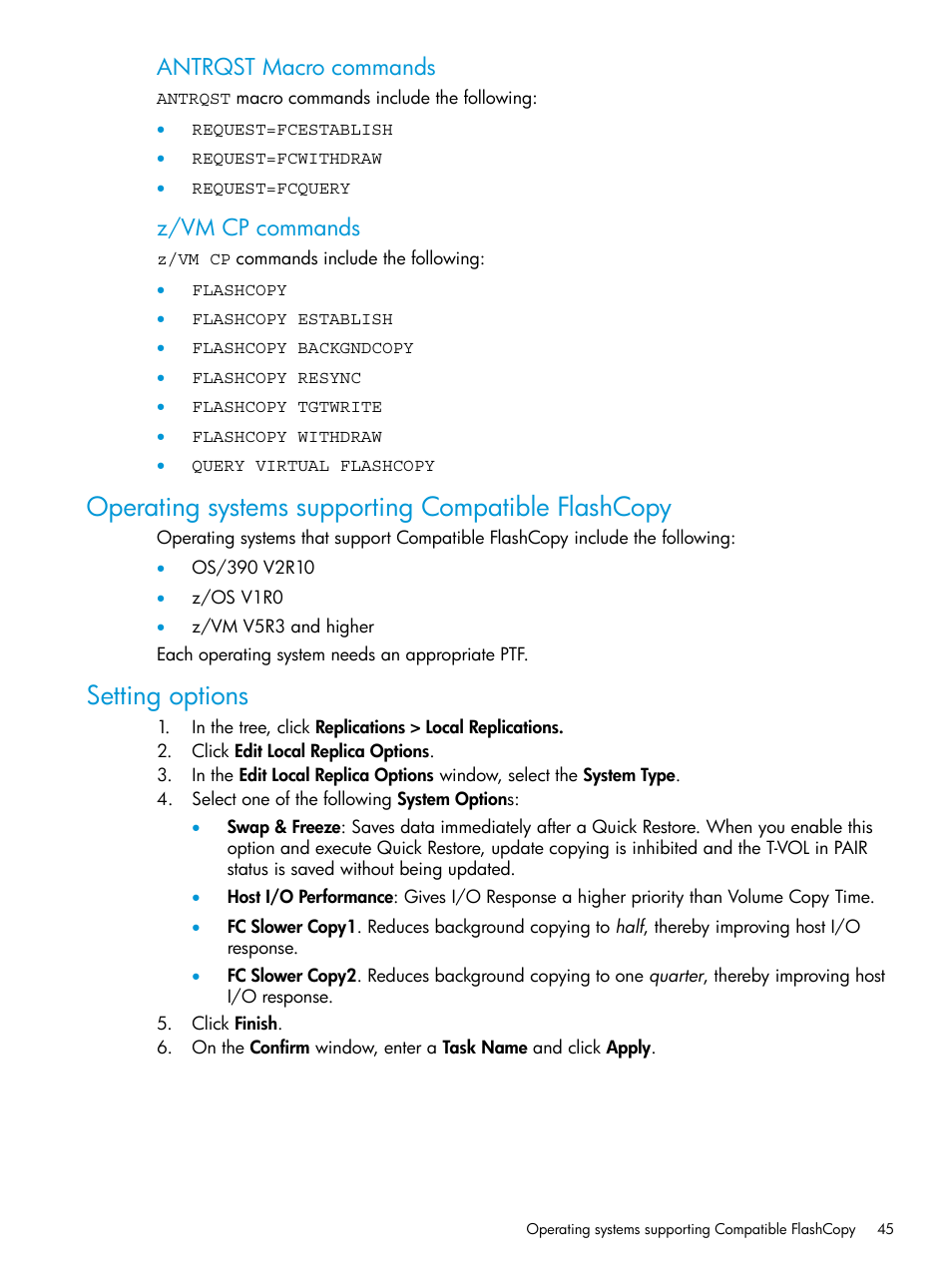 Operating systems supporting compatible flashcopy, Setting options, Antrqst macro commands | Z/vm cp commands | HP XP P9500 Storage User Manual | Page 45 / 146