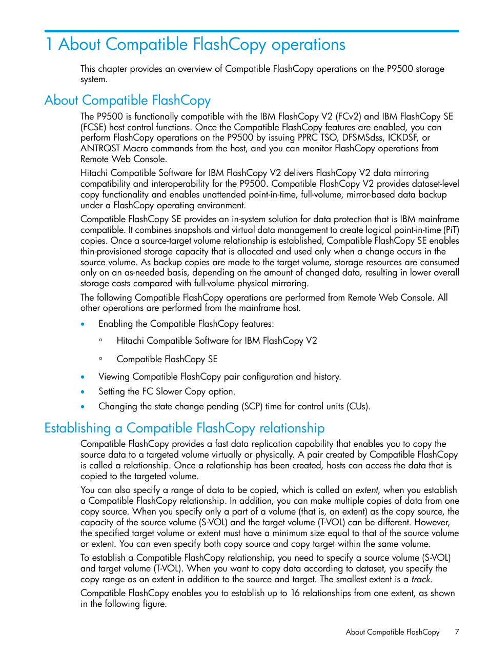 1 about compatible flashcopy operations, About compatible flashcopy, Establishing a compatible flashcopy relationship | HP XP P9500 Storage User Manual | Page 7 / 146