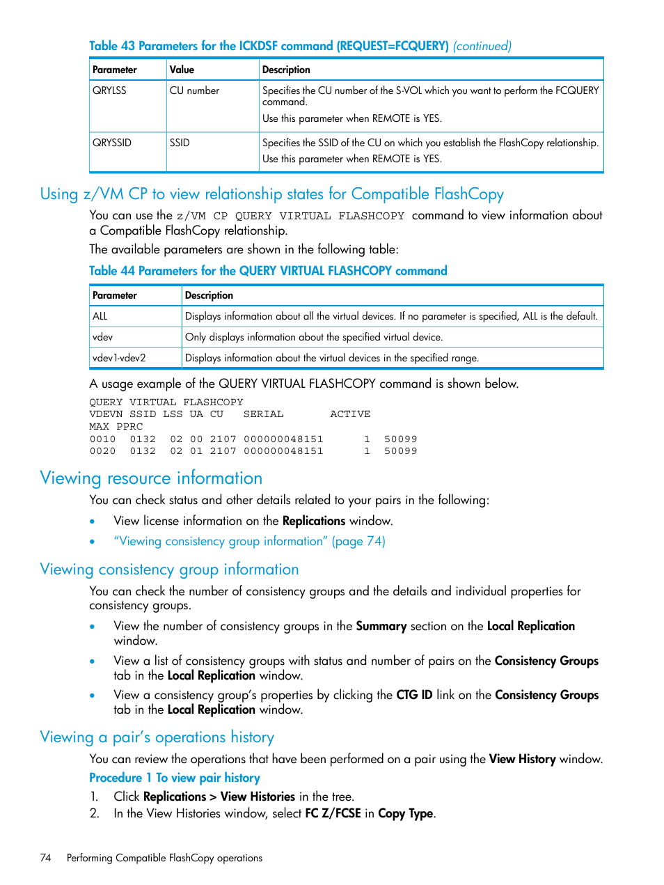 Viewing resource information, Viewing consistency group information, Viewing a pair’s operations history | HP XP P9500 Storage User Manual | Page 74 / 146