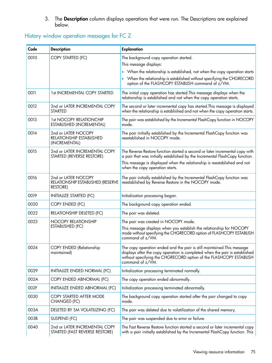 History window operation messages for fc z | HP XP P9500 Storage User Manual | Page 75 / 146