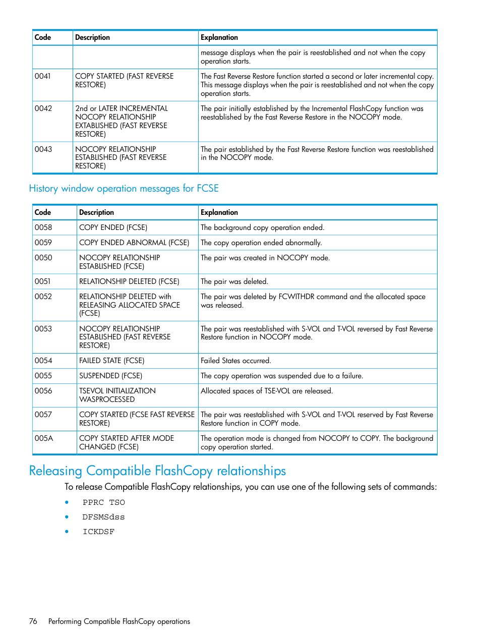 History window operation messages for fcse, Releasing compatible flashcopy relationships | HP XP P9500 Storage User Manual | Page 76 / 146