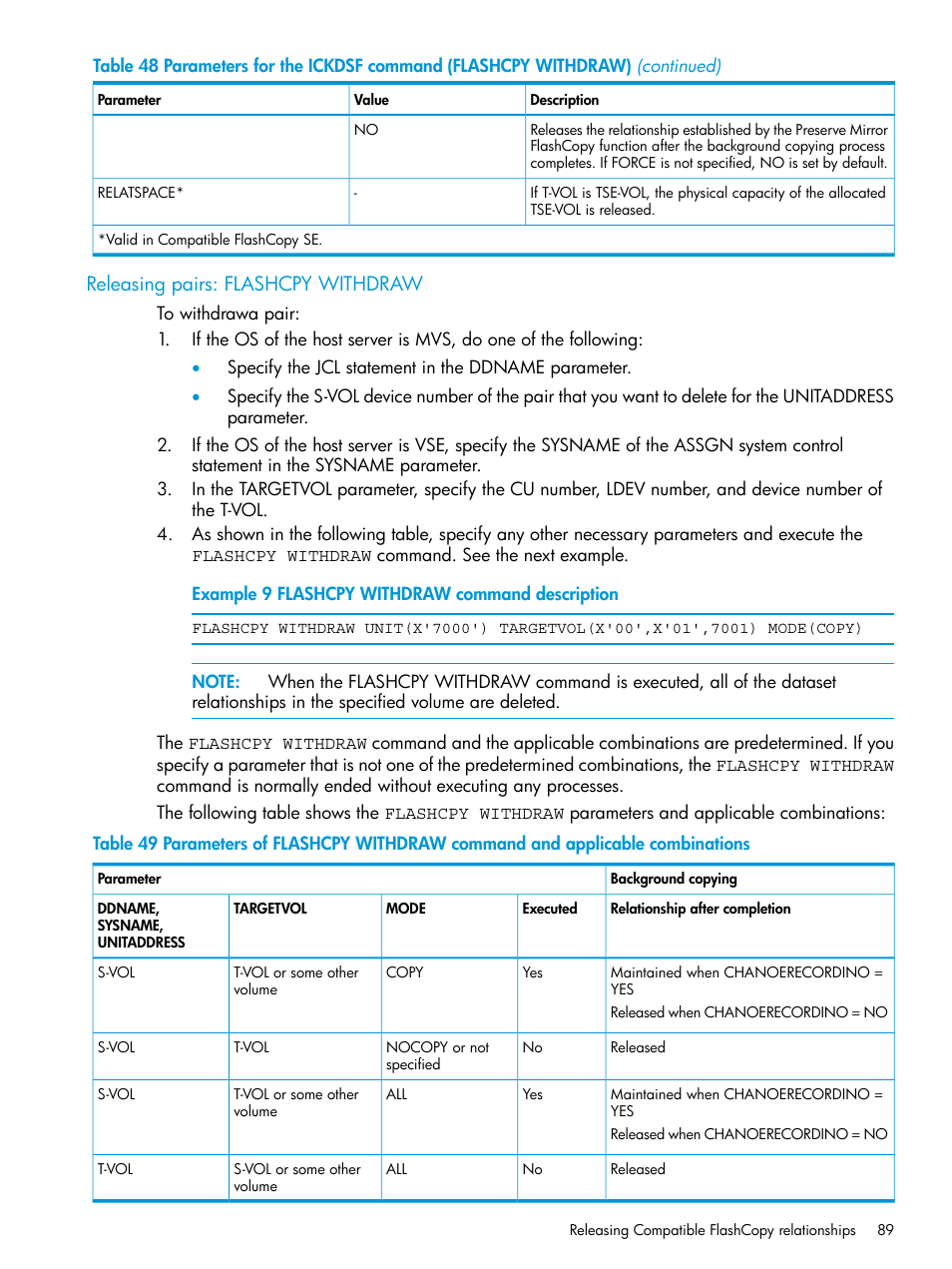 Releasing pairs: flashcpy withdraw | HP XP P9500 Storage User Manual | Page 89 / 146