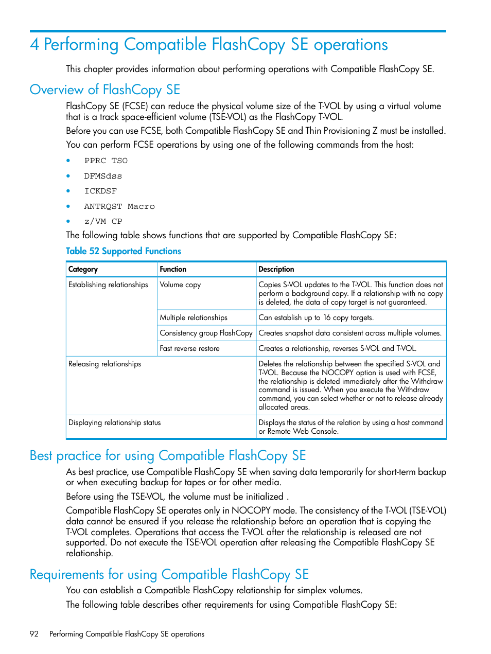 4 performing compatible flashcopy se operations, Overview of flashcopy se, Best practice for using compatible flashcopy se | Requirements for using compatible flashcopy se | HP XP P9500 Storage User Manual | Page 92 / 146
