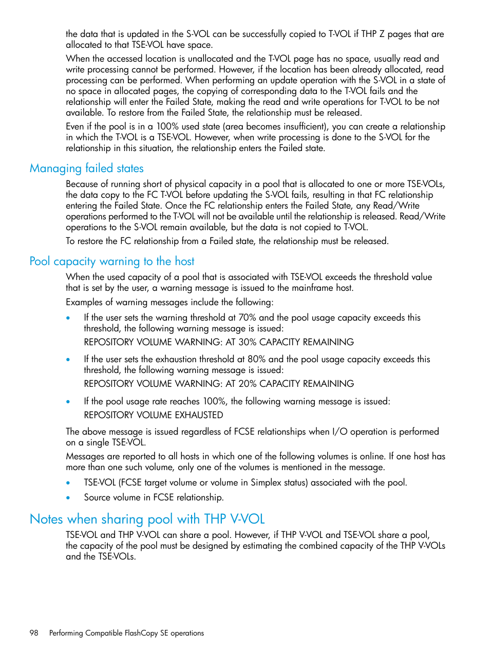 Managing failed states, Pool capacity warning to the host, Notes when sharing pool with thp v-vol | HP XP P9500 Storage User Manual | Page 98 / 146