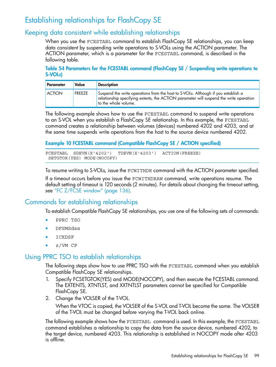 Establishing relationships for flashcopy se, Commands for establishing relationships, Using pprc tso to establish relationships | HP XP P9500 Storage User Manual | Page 99 / 146