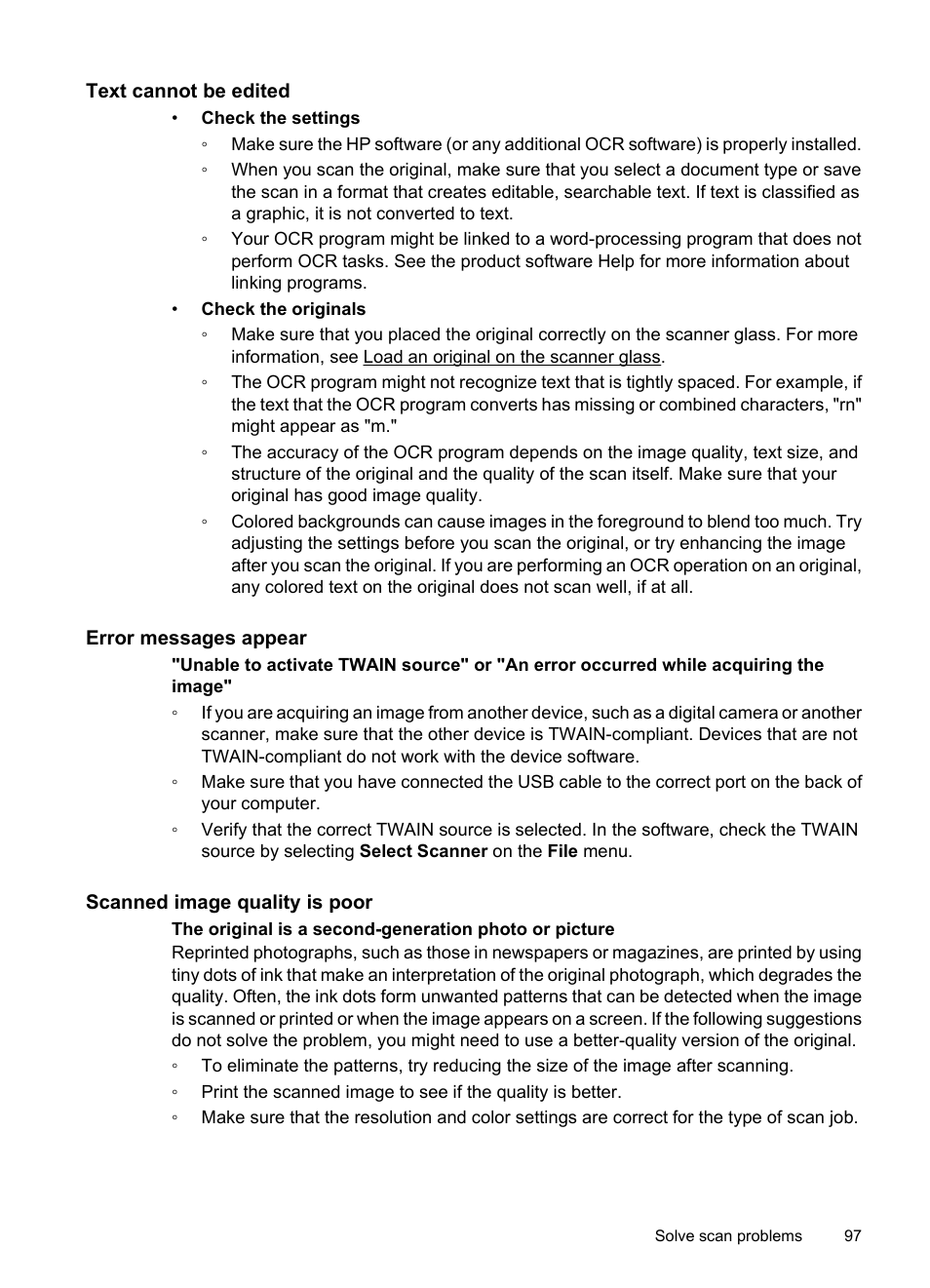 Text cannot be edited, Error messages appear, Scanned image quality is poor | HP OFFICEJET 4500 User Manual | Page 101 / 228