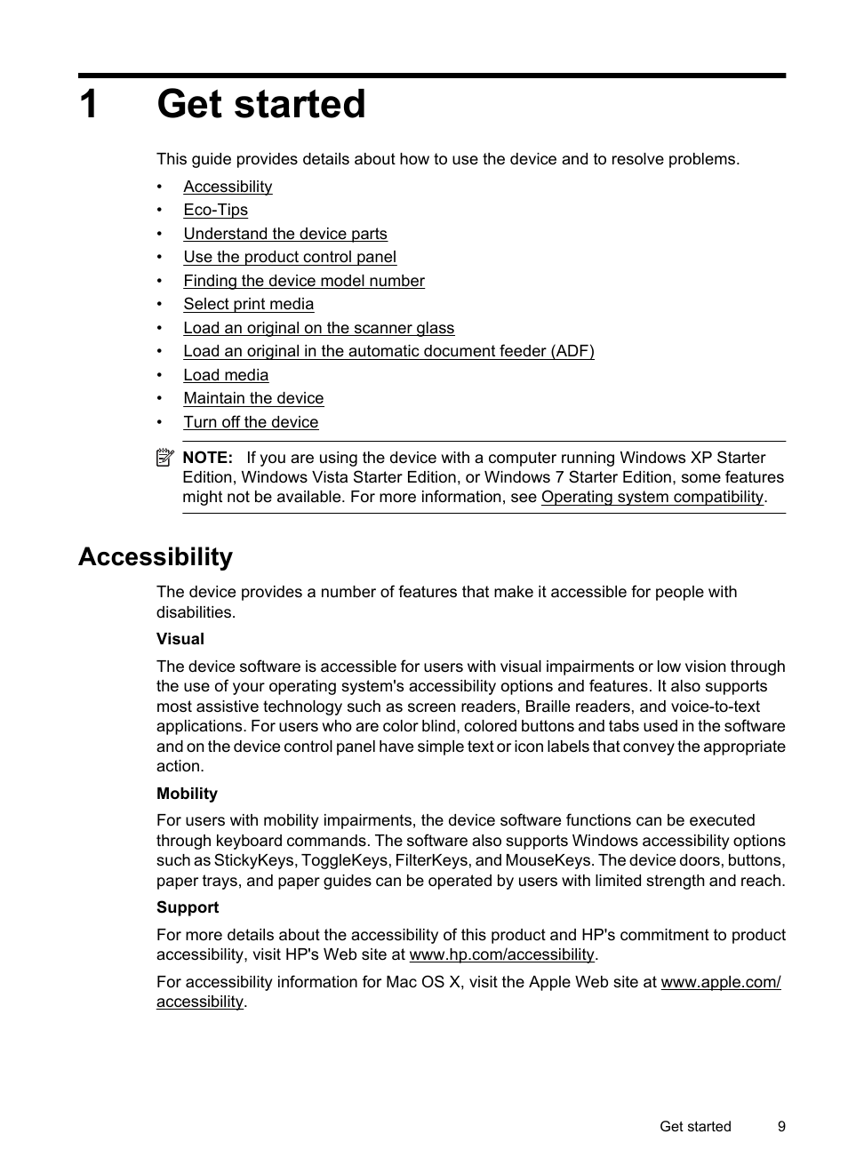 Get started, Accessibility, 1 get started | 1get started | HP OFFICEJET 4500 User Manual | Page 13 / 228