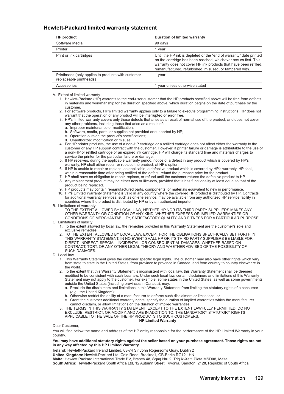 Hewlett-packard limited warranty statement, Warranty information 129 | HP OFFICEJET 4500 User Manual | Page 133 / 228