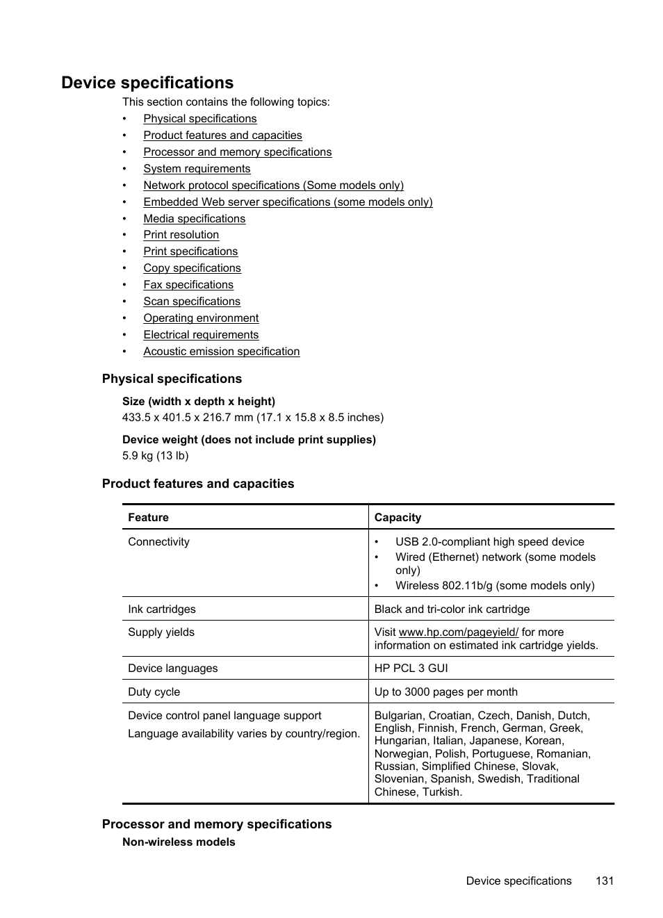 Device specifications, Physical specifications, Product features and capacities | Processor and memory specifications | HP OFFICEJET 4500 User Manual | Page 135 / 228