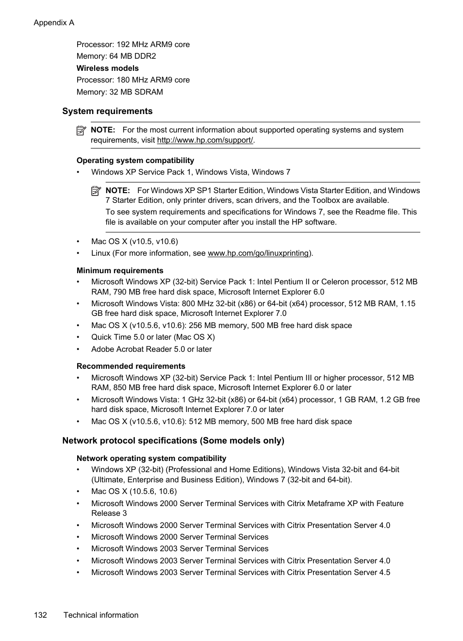 System requirements, Network protocol specifications (some models only), Operating system compatibility | HP OFFICEJET 4500 User Manual | Page 136 / 228