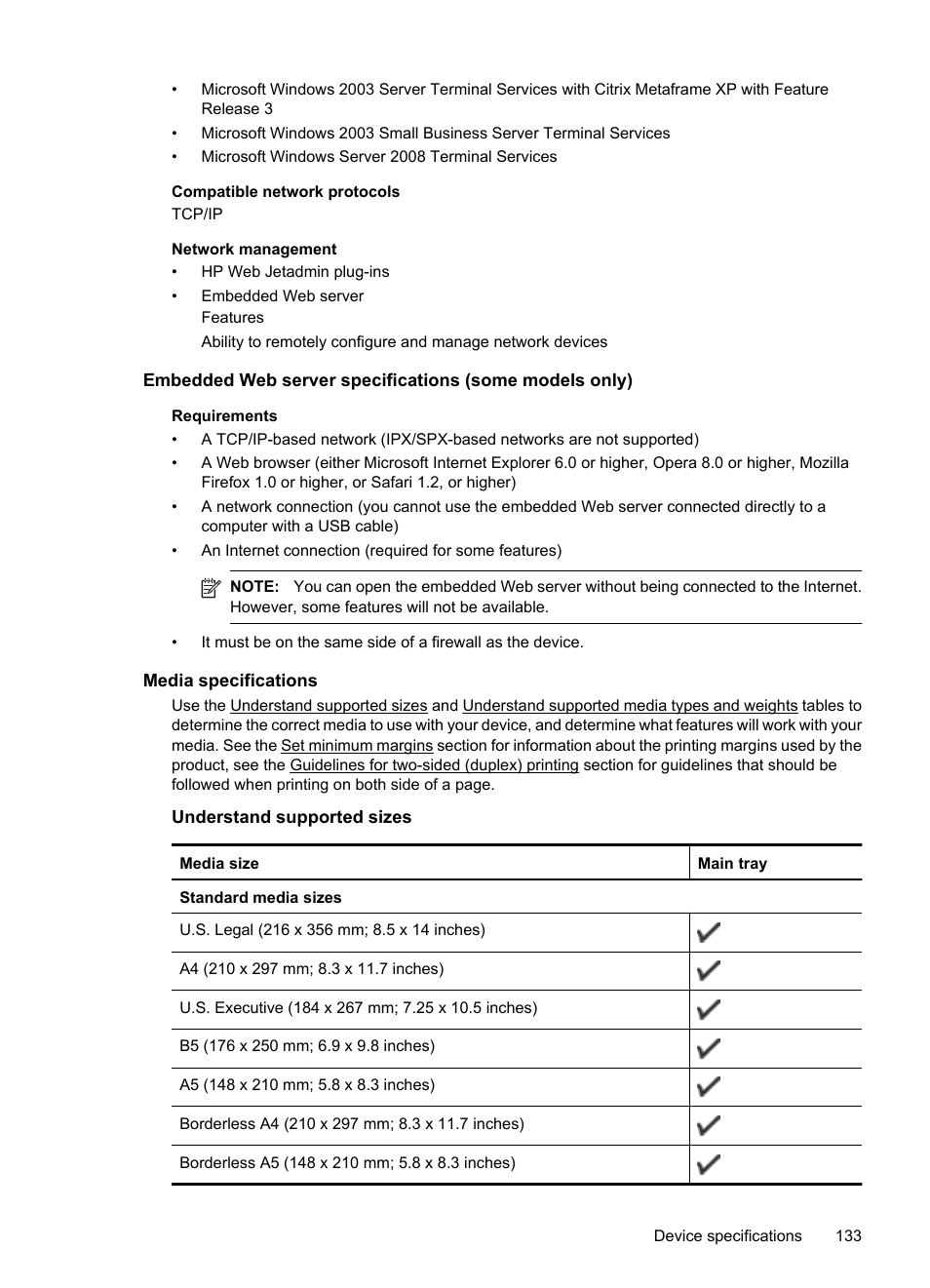 Media specifications, Understand supported sizes, E media specifications f | Media specifications f, See media specifications | HP OFFICEJET 4500 User Manual | Page 137 / 228