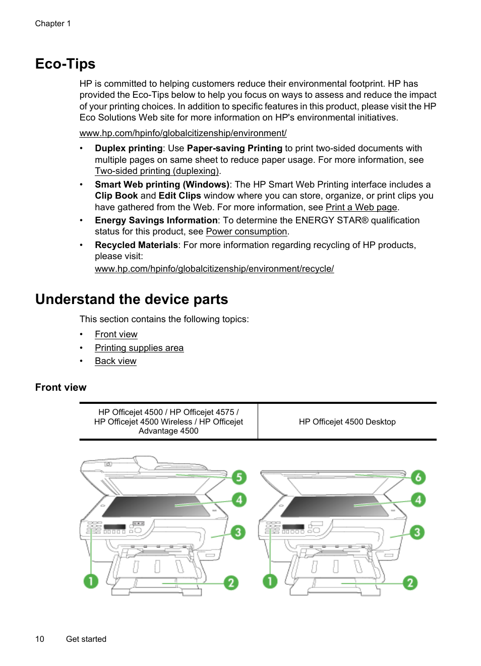 Eco-tips, Understand the device parts, Front view | Eco-tips understand the device parts, Front view printing supplies area back view | HP OFFICEJET 4500 User Manual | Page 14 / 228