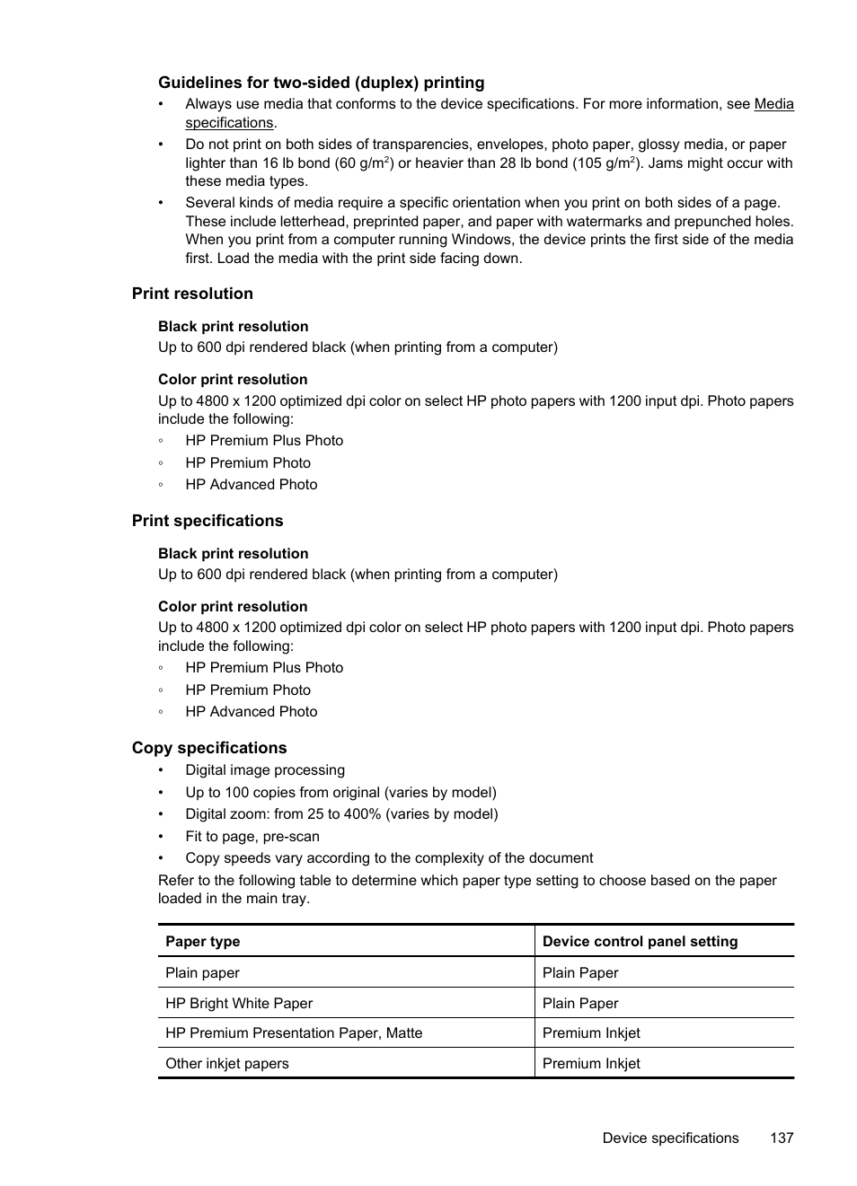 Guidelines for two-sided (duplex) printing, Print resolution, Print specifications | Copy specifications, Guidelines for two, Sided (duplex) printing | HP OFFICEJET 4500 User Manual | Page 141 / 228