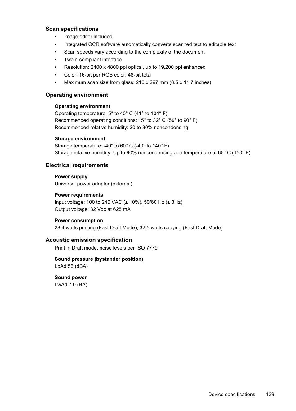 Scan specifications, Operating environment, Electrical requirements | Acoustic emission specification, S, see electrical requirements, See electrical requirements | HP OFFICEJET 4500 User Manual | Page 143 / 228