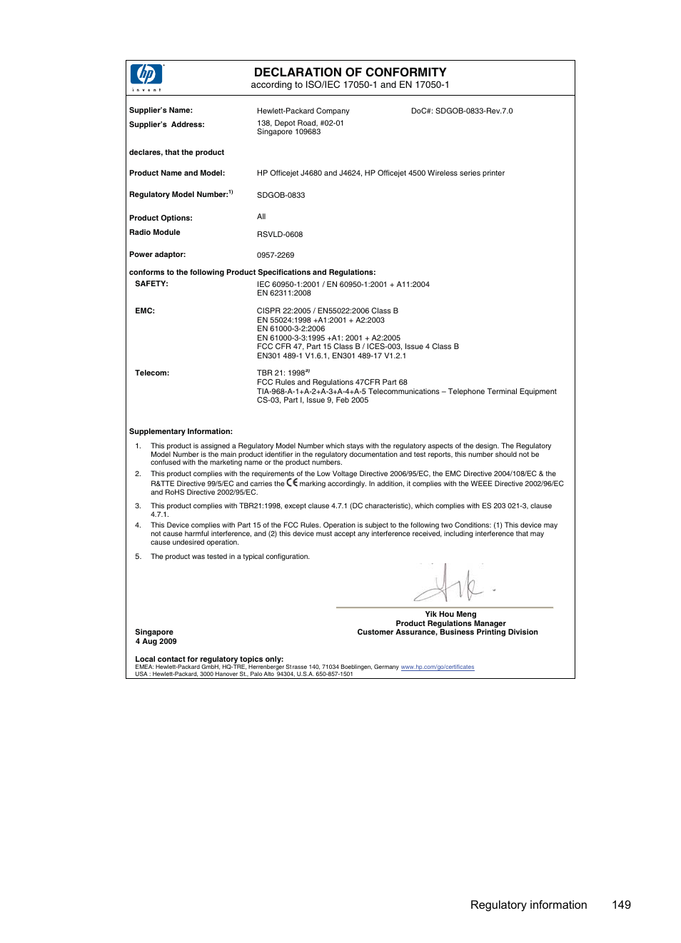 Declaration of conformity, Regulatory information 149 | HP OFFICEJET 4500 User Manual | Page 153 / 228