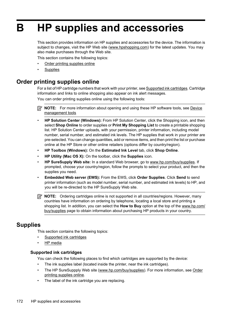 Hp supplies and accessories, Order printing supplies online, Supplies | Supported ink cartridges, B hp supplies and accessories, Order printing supplies online supplies, Supported ink cartridges hp media, Bhp supplies and accessories | HP OFFICEJET 4500 User Manual | Page 176 / 228