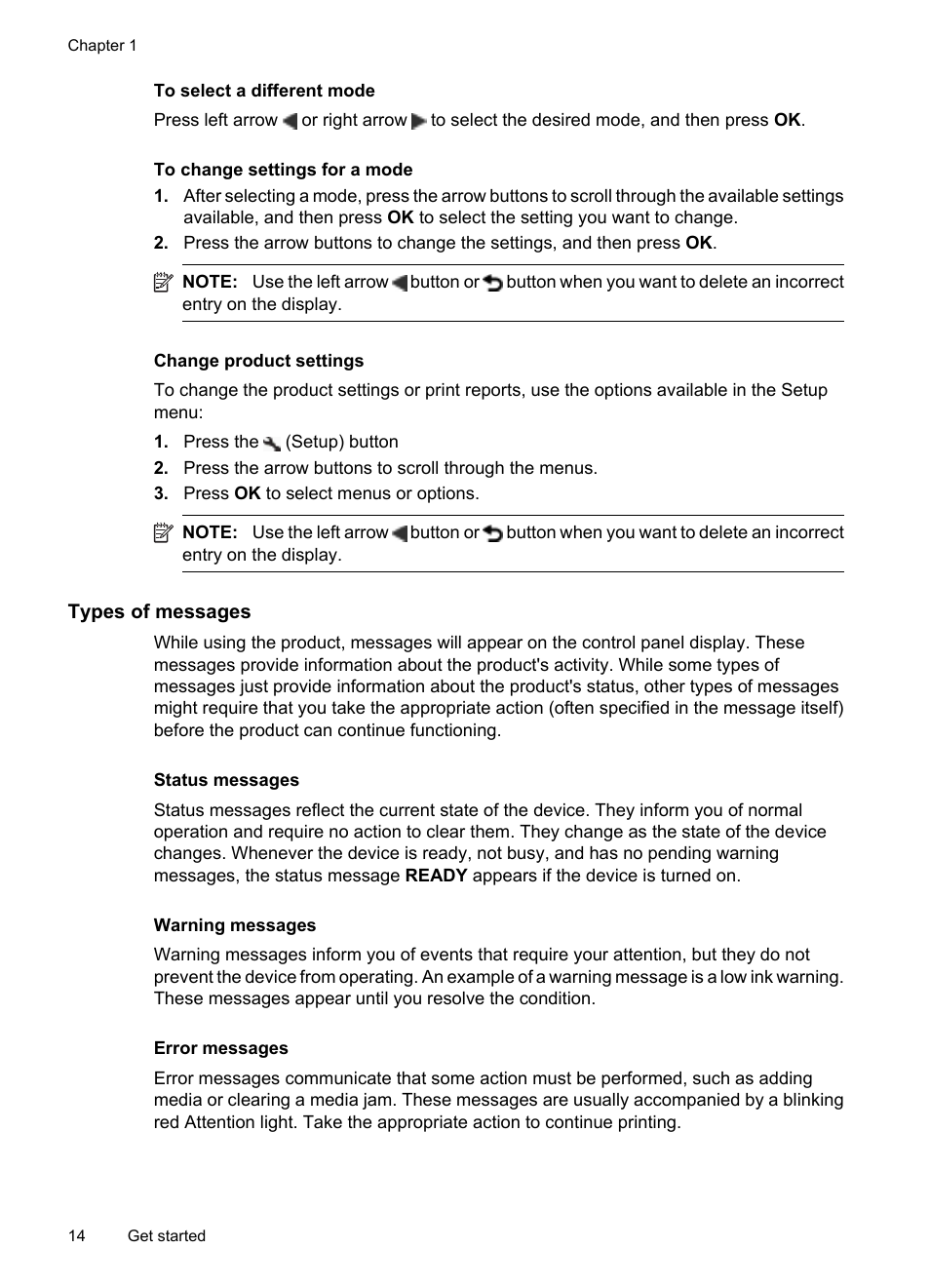 Change product settings, Types of messages, Status messages | Warning messages, Error messages | HP OFFICEJET 4500 User Manual | Page 18 / 228