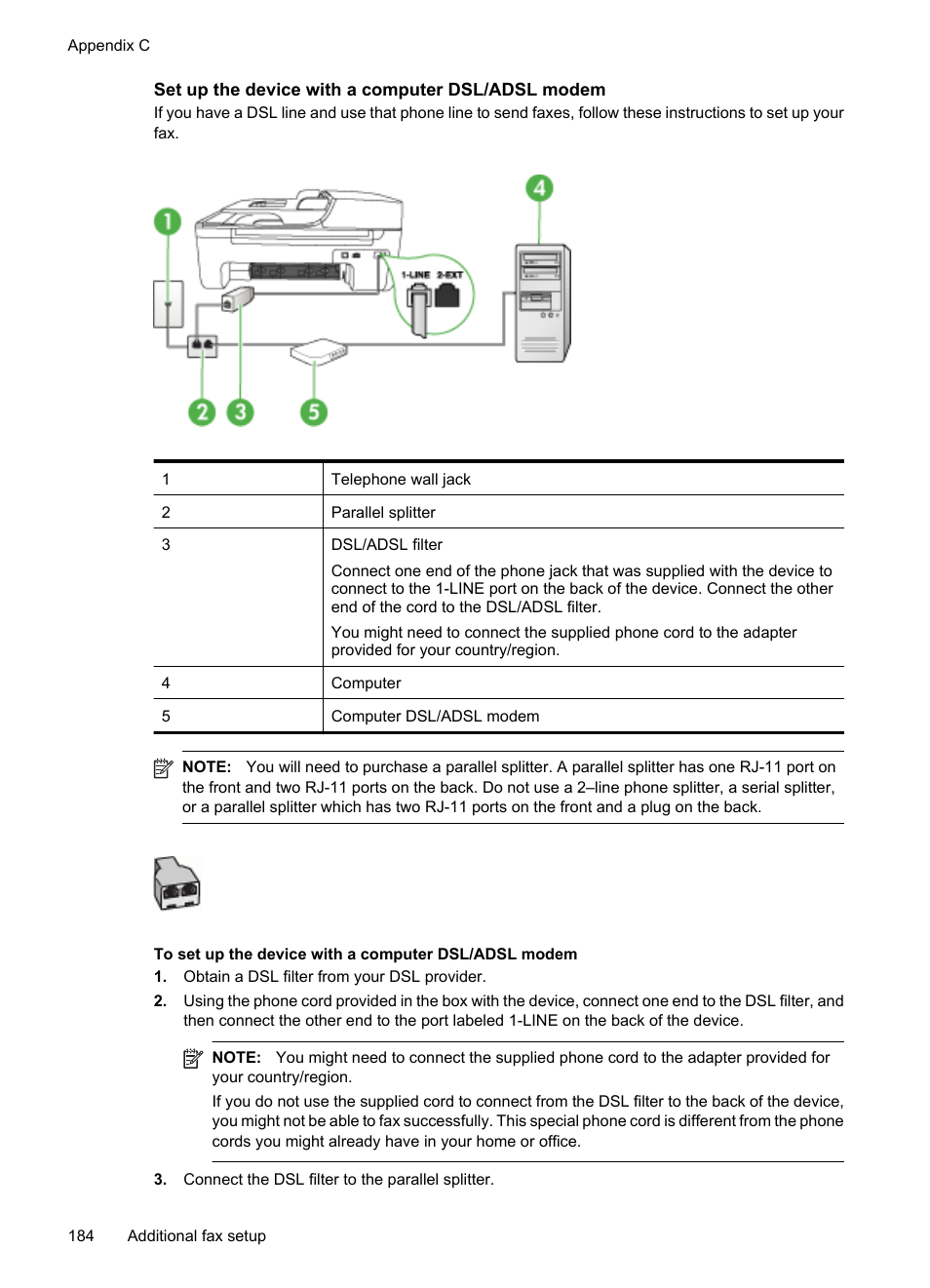 Set up the device with a computer dsl/adsl modem | HP OFFICEJET 4500 User Manual | Page 188 / 228