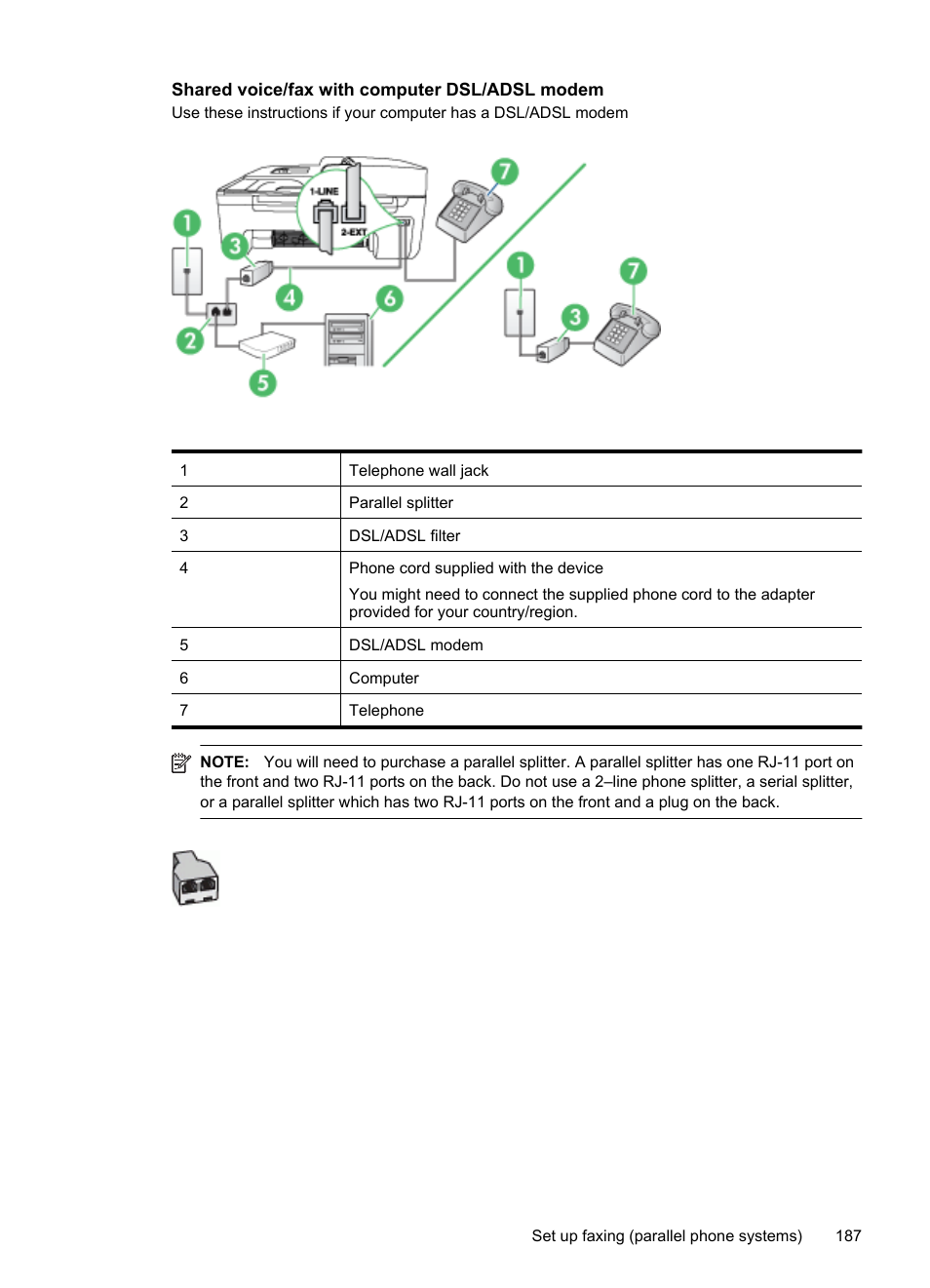 Shared voice/fax with computer dsl/adsl modem | HP OFFICEJET 4500 User Manual | Page 191 / 228