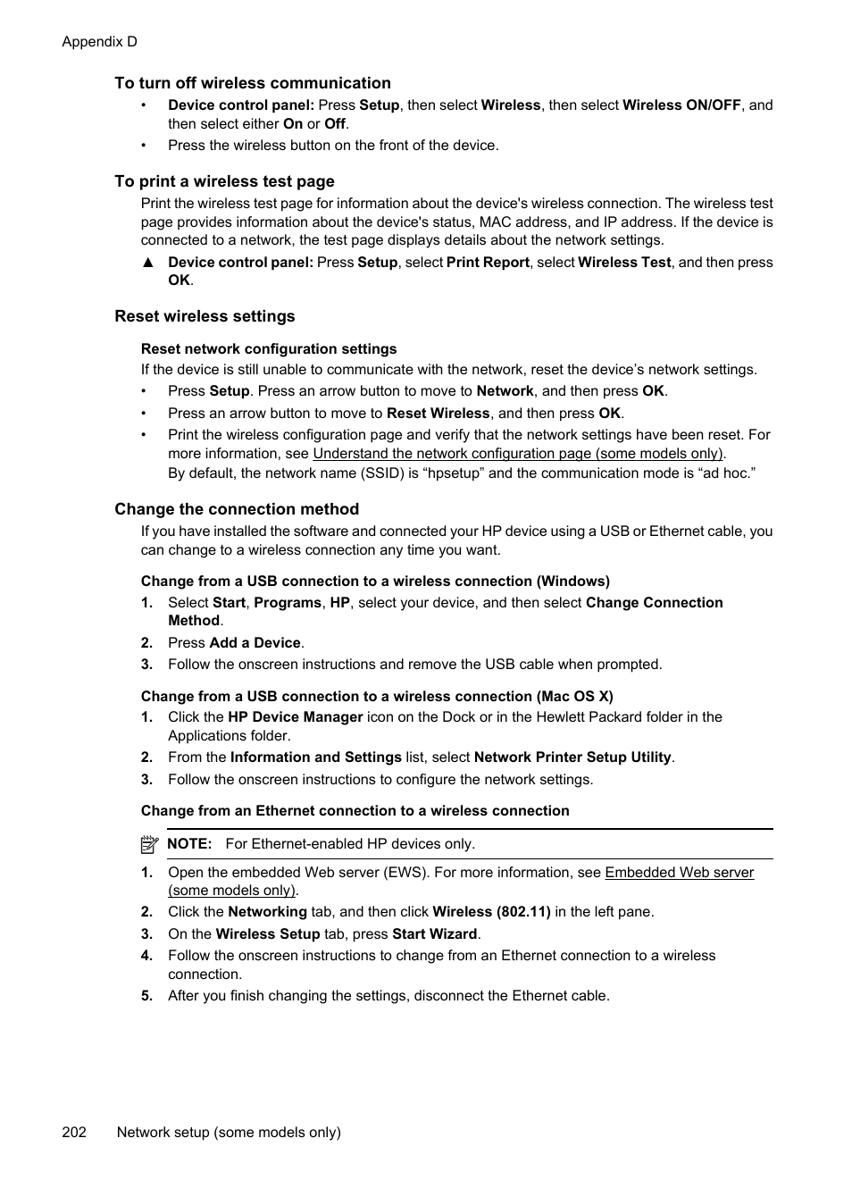 To turn off wireless communication, Reset wireless settings, Change the connection method | HP OFFICEJET 4500 User Manual | Page 206 / 228