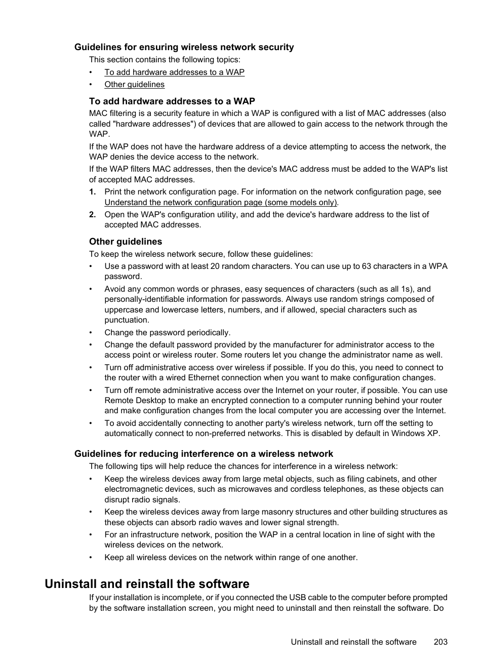 Guidelines for ensuring wireless network security, To add hardware addresses to a wap, Other guidelines | Uninstall and reinstall the software | HP OFFICEJET 4500 User Manual | Page 207 / 228