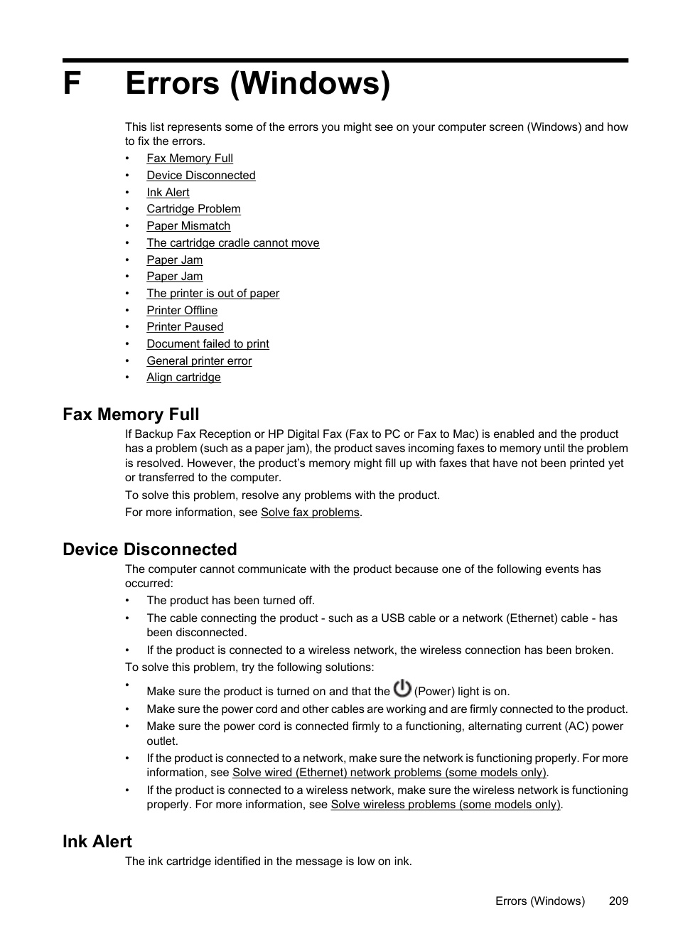 Errors (windows), Fax memory full, Device disconnected | Ink alert, F errors (windows), Fax memory full device disconnected ink alert, Ferrors (windows) | HP OFFICEJET 4500 User Manual | Page 213 / 228