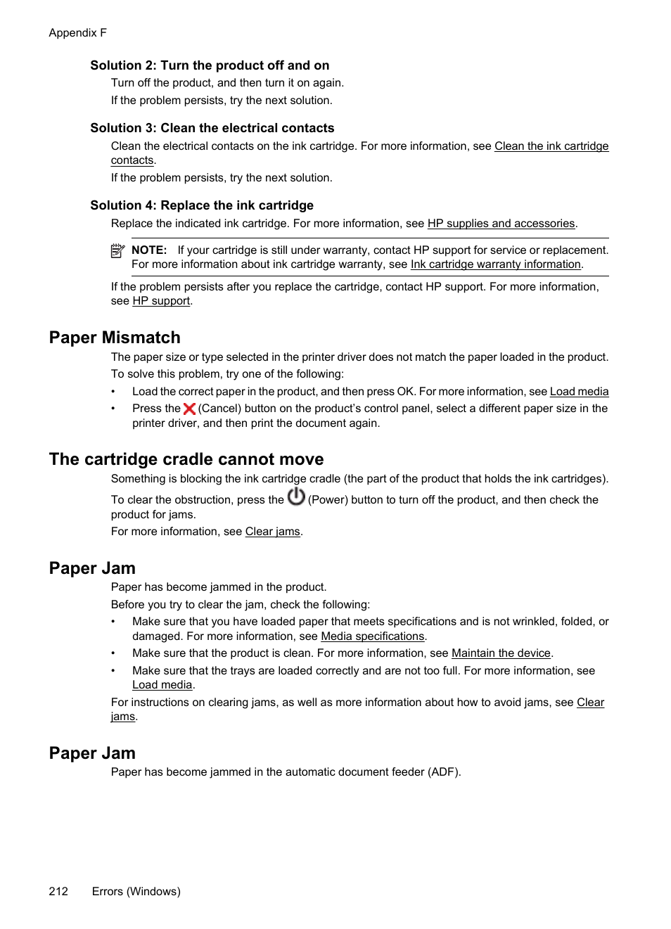 Solution 2: turn the product off and on, Solution 3: clean the electrical contacts, Solution 4: replace the ink cartridge | Paper mismatch, The cartridge cradle cannot move, Paper jam | HP OFFICEJET 4500 User Manual | Page 216 / 228