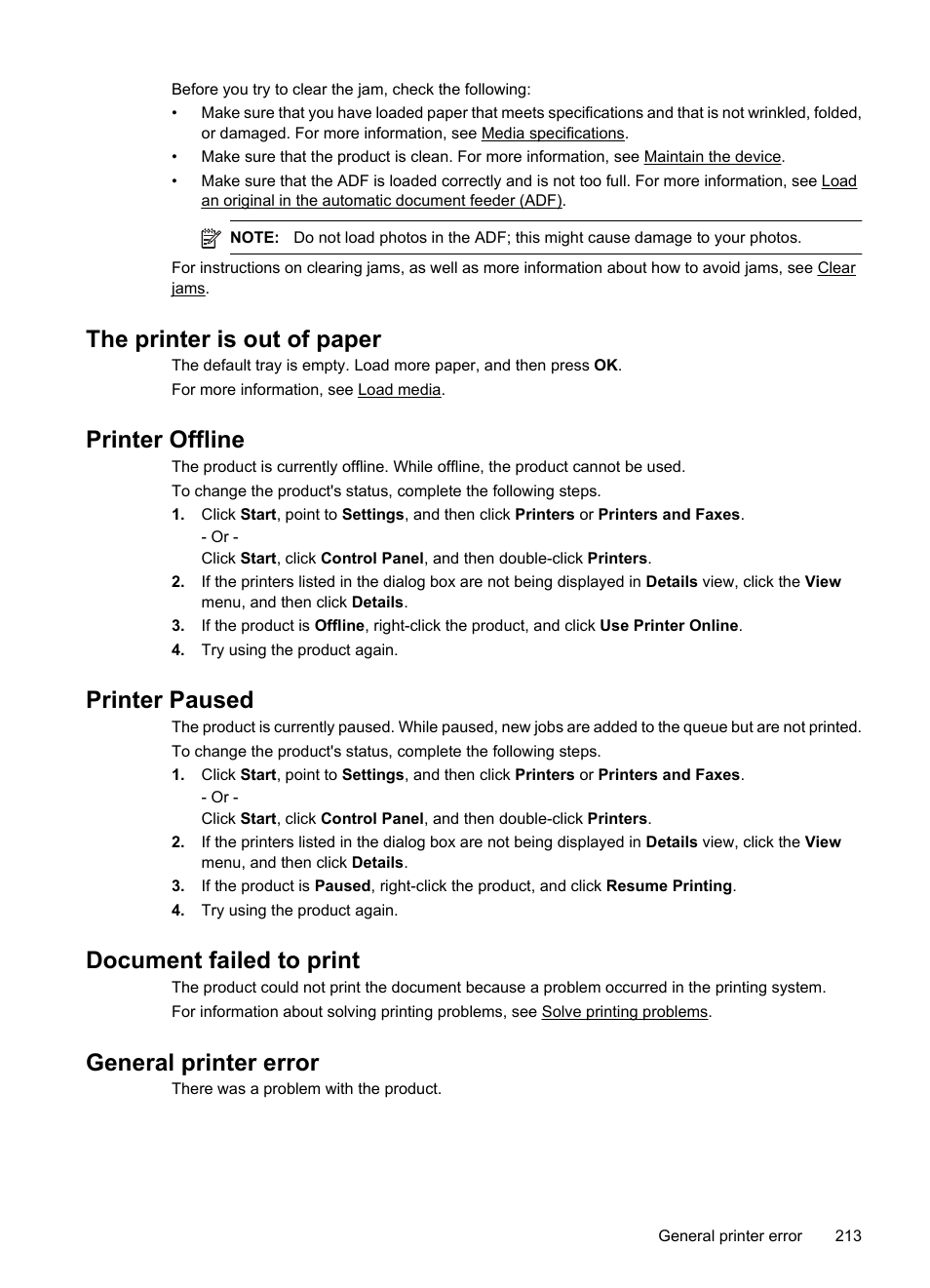 The printer is out of paper, Printer offline, Printer paused | Document failed to print, General printer error | HP OFFICEJET 4500 User Manual | Page 217 / 228