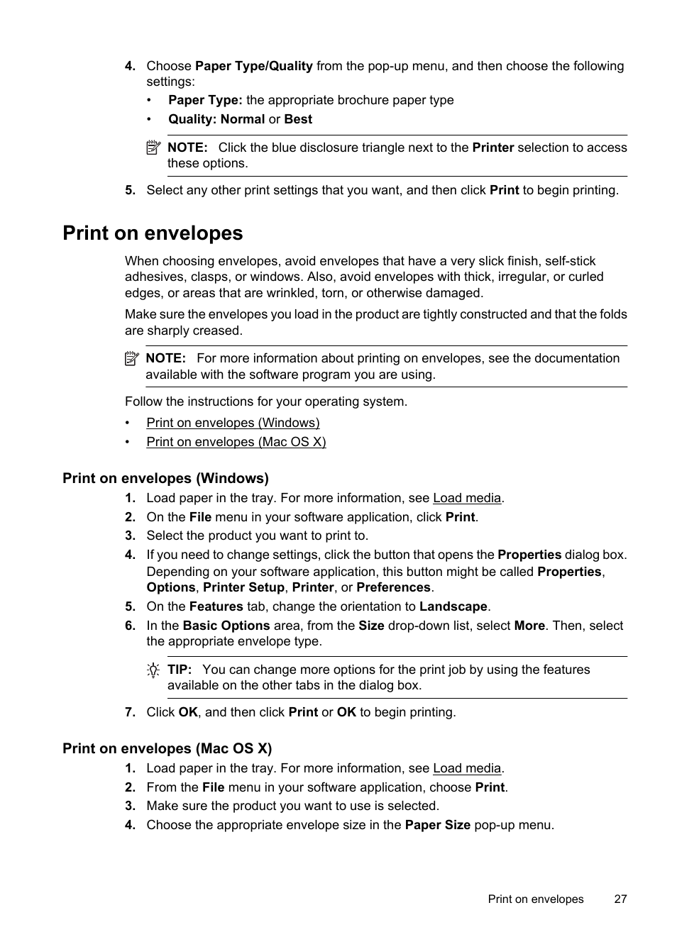 Print on envelopes, Print on envelopes (windows), Print on envelopes (mac os x) | HP OFFICEJET 4500 User Manual | Page 31 / 228